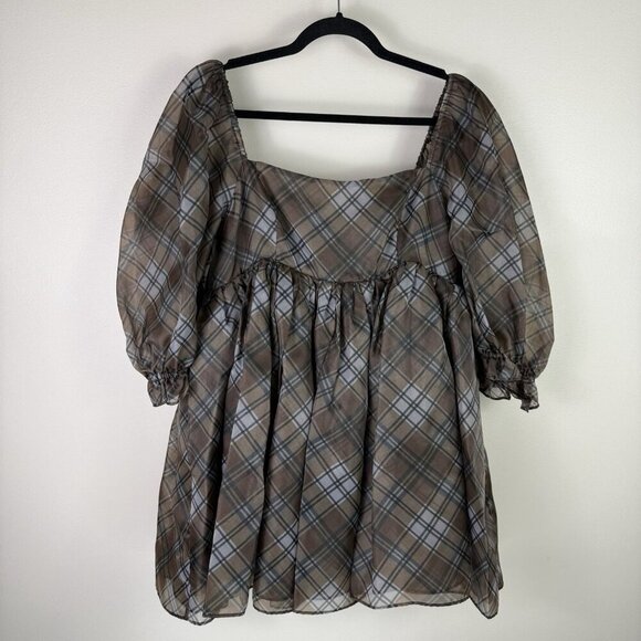Selkie The Plaid Puff Dress Brown Black Organza Babydoll Mini Size Medium - Picture 5 of 11